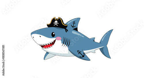 Playful and cute cartoon shark wearing a pirate hat with a skull and crossbones and anchor tattoos on its side.