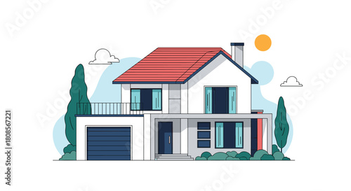 Flat design illustration of a modern two-story family house with a garage and balcony under a bright sunny sky.