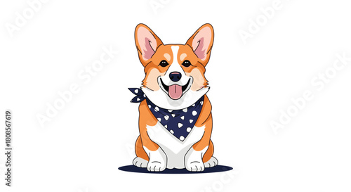 Adorable and happy Pembroke Welsh Corgi dog with a big smile sitting down while wearing a stylish blue polka dot bandana.