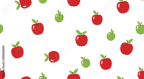 Fresh and simple seamless pattern of scattered red and green apples with leaves on a clean white background for textiles.