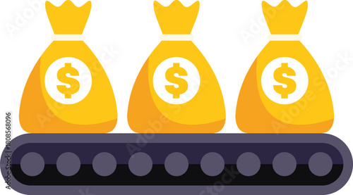 Conveyor belt is producing money bags with dollar sign on conveyor system, depicting passive income concept