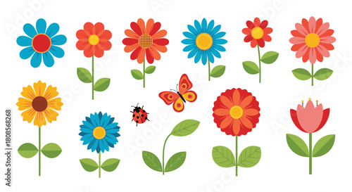 Bright and colorful collection of simple flat design flowers with a cute butterfly and ladybug for children's decorations.