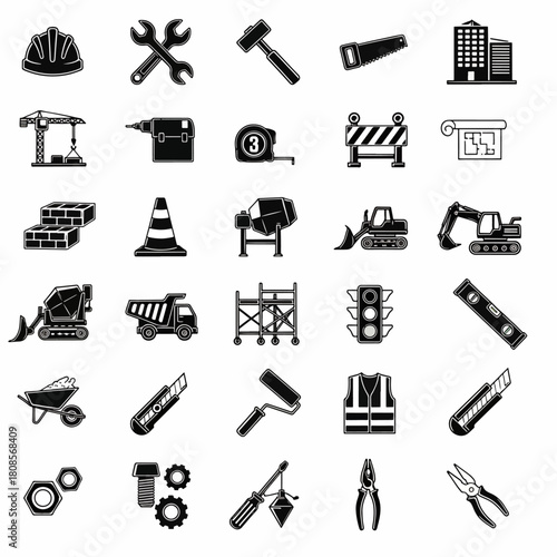 Construction Site Icons Set Featuring Safety Helmet, Tools, Machinery, and Building Elements
