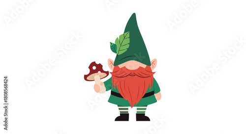 Charming garden gnome with a long red beard and a pointy green hat holding a red and white mushroom in his hand vector.