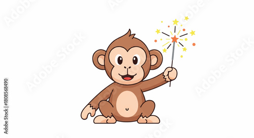 Playful cartoon monkey celebrating with a sparkler in a festive, joyful moment.