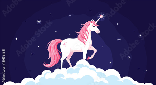 Graceful white unicorn with a flowing pink mane and tail standing on a bed of clouds against a dark blue cosmic sky full of stars.