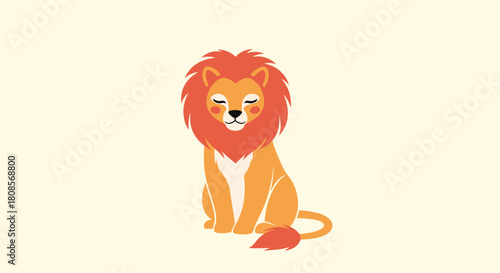 Cute and peaceful cartoon lion with a fluffy red mane and a gentle smile sitting with its eyes closed on a light background.