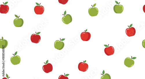 Simple and clean seamless pattern of randomly scattered red and green apples with leaves on a bright white background.