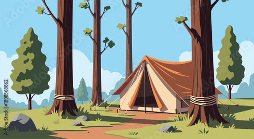 Serene camping scene in a sunlit forest with a large canvas tent pitched between tall trees for an outdoor adventure.