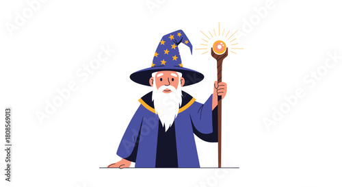 Classic cartoon wizard with a long white beard wearing a blue starry hat and robe holding a magical glowing staff vector.
