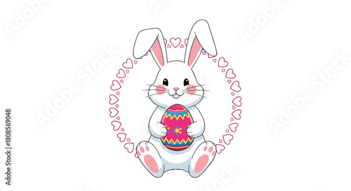 Cute white Easter bunny holding a colorful decorated egg while sitting inside a lovely frame made of little pink hearts.