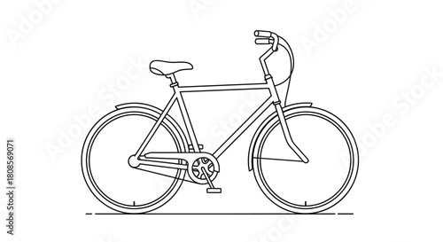 Minimalist black and white line art illustration of a classic city bicycle with a simple frame and handlebars for transport.