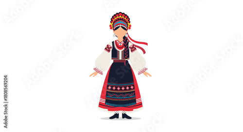 Beautiful woman wearing traditional Ukrainian national folk costume with intricate embroidery a floral wreath and ribbons.