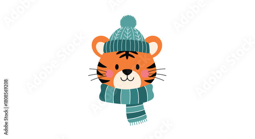Adorable cartoon face of a cute baby tiger wearing a cozy blue knit winter hat and a matching striped scarf for cold weather.