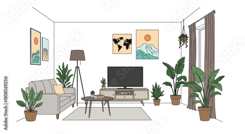 Hand-drawn sketch of a cozy living room interior with a sofa television plants and wall art in a minimalist line art style.