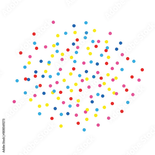 Colorful scattered confetti dots form an abstract playful pattern on a white background.