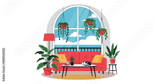 Cozy living room with a red sofa a sleeping cat on a table and many plants near a large window with a view of the sky.
