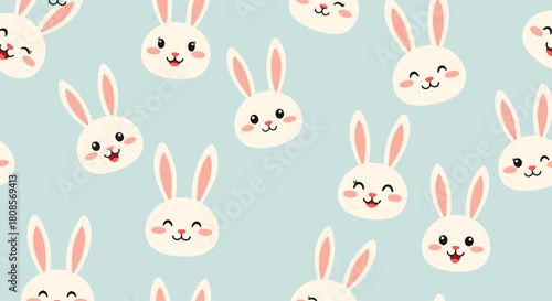 Cute seamless pattern of adorable white bunny rabbit faces with different happy expressions on a light blue background.