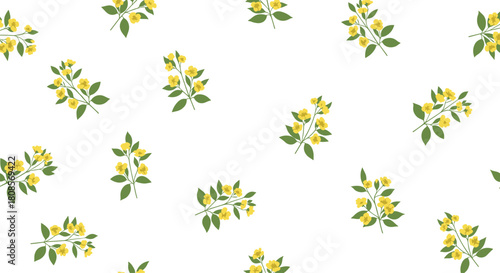 Simple and delicate seamless pattern with small sprigs of yellow flowers and green leaves scattered on a white background.