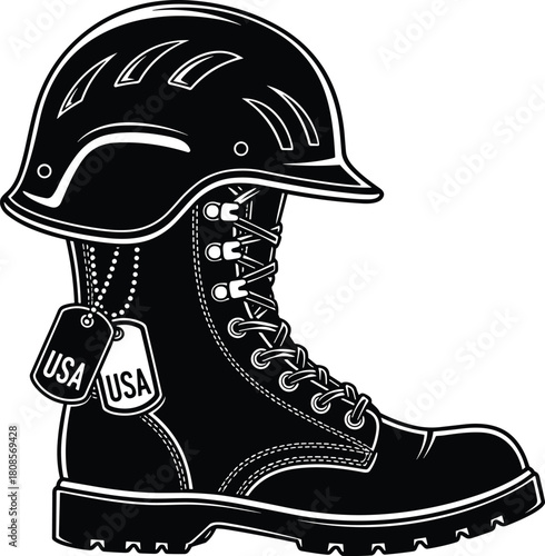 Soldier's battlefield cross tribute vector graphic, featuring combat helmet, boots, and dog tags with USA inscription, representing military service, memorial, and remembrance.