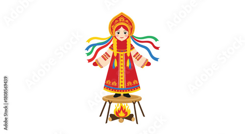 Traditional Russian Maslenitsa doll effigy in folk costume with colorful ribbons standing over a bonfire for the holiday.