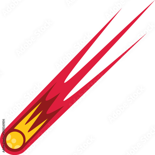 Burning meteor falling with flames on white background, space object with fire tail, cosmic body with bright light