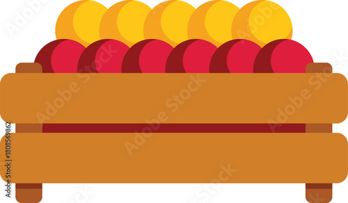 Wooden crate brimming with ripe apples and peaches, showcasing a vibrant harvest