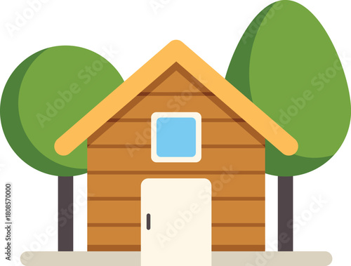 Small wooden cabin nestled between trees, representing a cozy and isolated retreat in nature