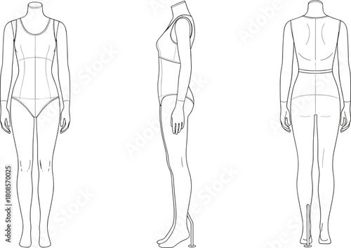 Female mannequin croquis template, front side back view, body outline sketch, vector illustration, technical dress form for design.