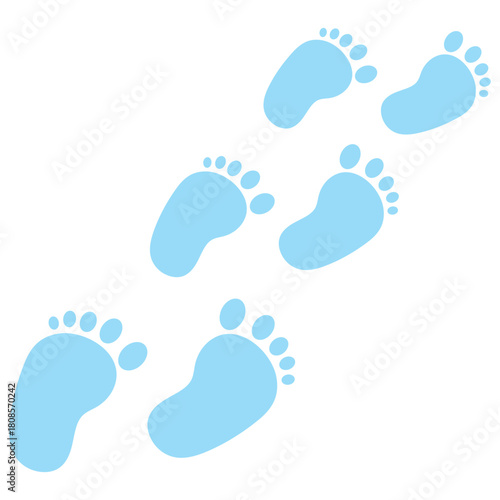 Blue baby's prints footpath. Kids feet footprints silhouette. Childhood or baby shower theme. Vector isolated illustration on white background.