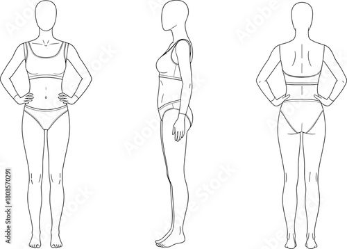 Female fashion croquis template, front side back view, body outline sketch, vector illustration, technical drawing base for lingerie design.