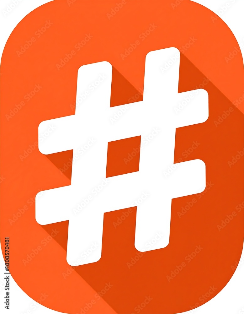 Fototapeta premium A white hashtag symbol with shadow is displayed within an orange rounded-corner rectangle, set against a white background