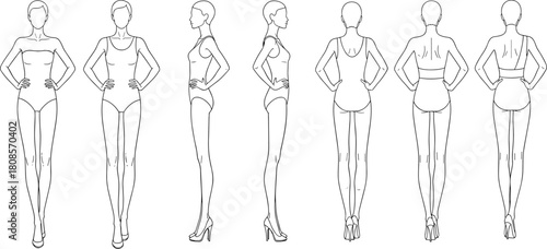 Female fashion figure template, front side back view, body outline sketch, vector illustration, croquis for technical clothing design.