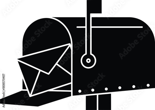 A black and white illustration of a mailbox with letters inside