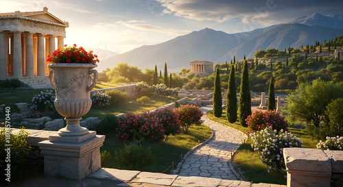 Picturesque ancient landscape with classical temple, urn, winding path, cypress trees, and mountains