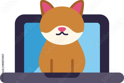 Adorable shiba inu dog appearing on a laptop screen, symbolizing working from home, pets in the workplace, and online pet communities