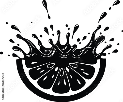 A black and white illustration of a citrus fruit with a splash effect