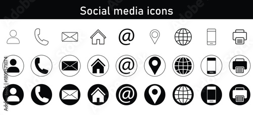 Minimal social media and communication icon set – email, phone, user, home, at-sign, location, globe, mobile, printer symbols