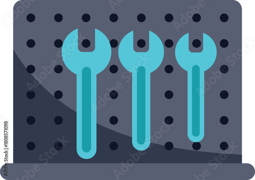 Three wrenches hanging on a pegboard, illustrating organization and efficient tool storage in a workshop or garage