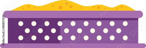 Purple sandbox full of yellow sand isolated on white background representing summer fun for kids