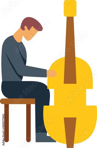 Male musician playing a double bass while sitting on a stool, isolated vector illustration
