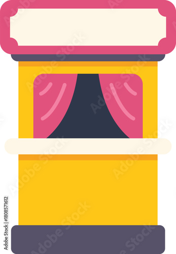 Colorful ticket booth with curtains and empty sign, ideal for amusement parks, circuses, or theaters