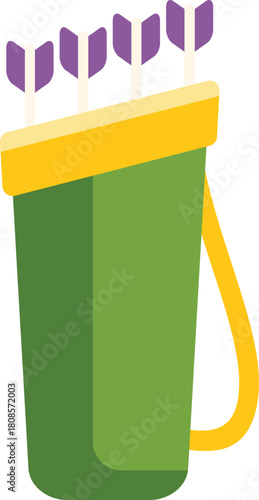 Green quiver carrying four purple arrows, perfect for archery practice or competition