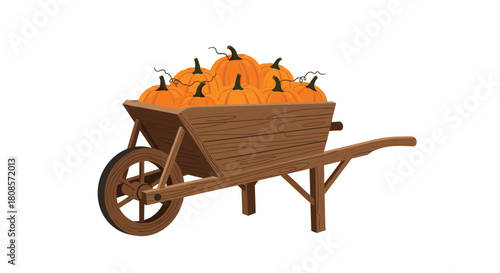 A wooden wheelbarrow filled with a pile of bright orange pumpkins on a white background.