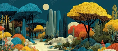 Colorful nocturnal landscape with stylized trees, cacti, and rocks under a full moon