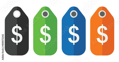 Colorful price tags with dollar sign, representing different prices, discounts, sales, promotions, offers, and value isolated on white background