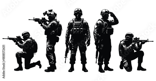 Silhouette of a special operations military unit in various tactical positions isolated on white background, showcasing combat readiness and teamwork