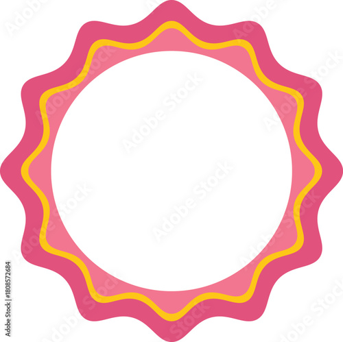 Pink and yellow wavy round label representing quality, guarantee, and satisfaction, ideal for businesses seeking to convey trust and reliability