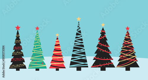 A row of six stylized Christmas trees with various decorations and star toppers stands on a snowy ground under a light blue sky.