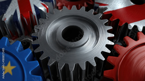 Metal gear with UK and EU flag colors, industrial concept showing cooperation and connection, shiny metallic texture